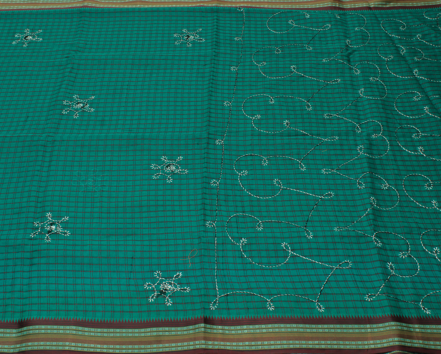 Sushila Vintage Teal Green Saree Blend Cotton Woven Check Sari Craft Fabric