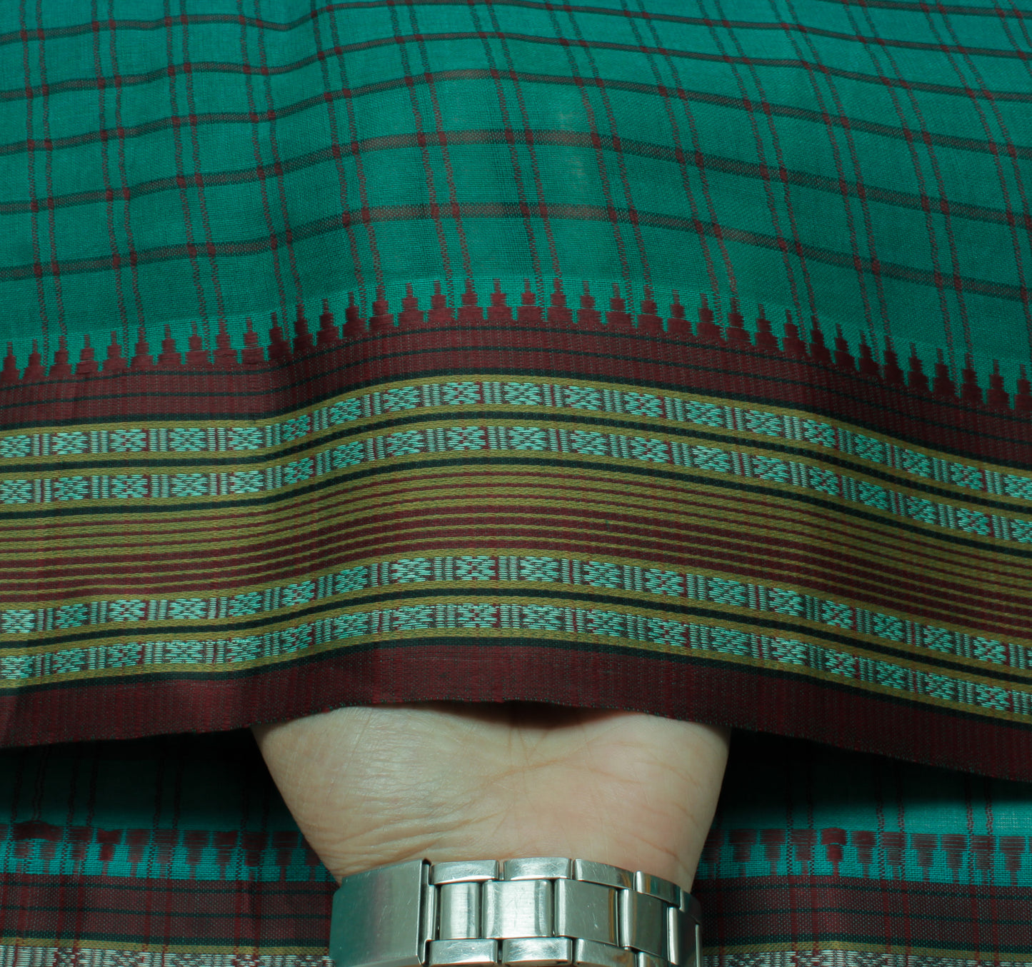 Sushila Vintage Teal Green Saree Blend Cotton Woven Check Sari Craft Fabric