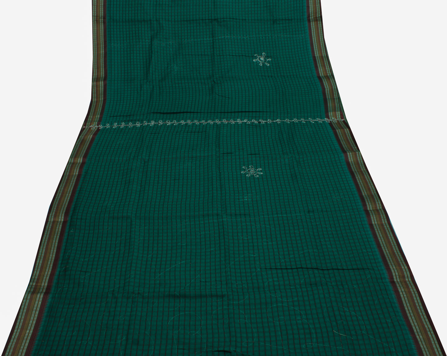 Sushila Vintage Teal Green Saree Blend Cotton Woven Check Sari Craft Fabric
