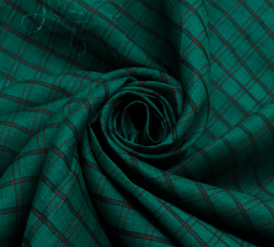 Sushila Vintage Teal Green Saree Blend Cotton Woven Check Sari Craft Fabric