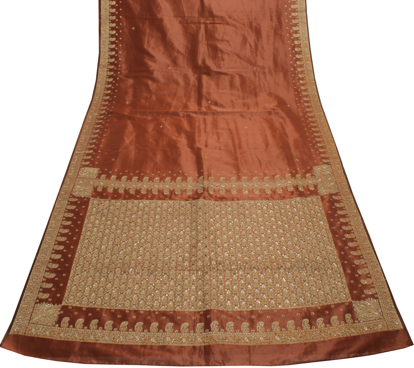 Sushila Vintage Brown Saree Blend Silk Hand Beaded & Woven Floral Sari Fabric
