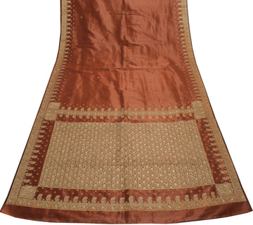 Sushila Vintage Brown Saree Blend Silk Hand Beaded & Woven Floral Sari Fabric