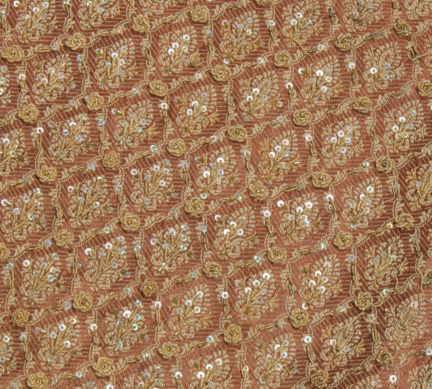 Sushila Vintage Brown Saree Blend Silk Hand Beaded & Woven Floral Sari Fabric