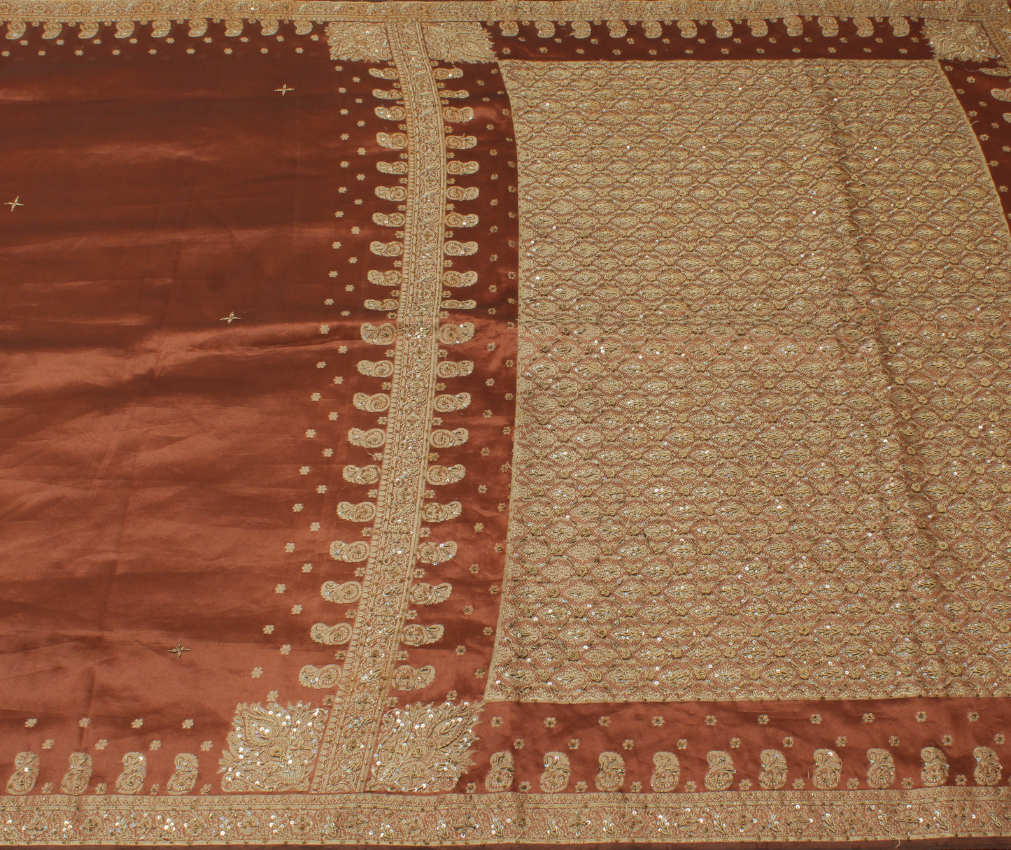Sushila Vintage Brown Saree Blend Silk Hand Beaded & Woven Floral Sari Fabric