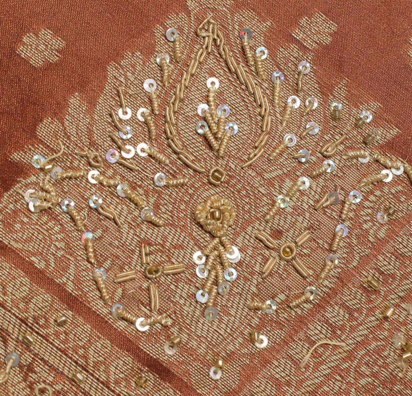 Sushila Vintage Brown Saree Blend Silk Hand Beaded & Woven Floral Sari Fabric