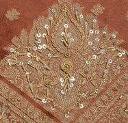 Sushila Vintage Brown Saree Blend Silk Hand Beaded & Woven Floral Sari Fabric