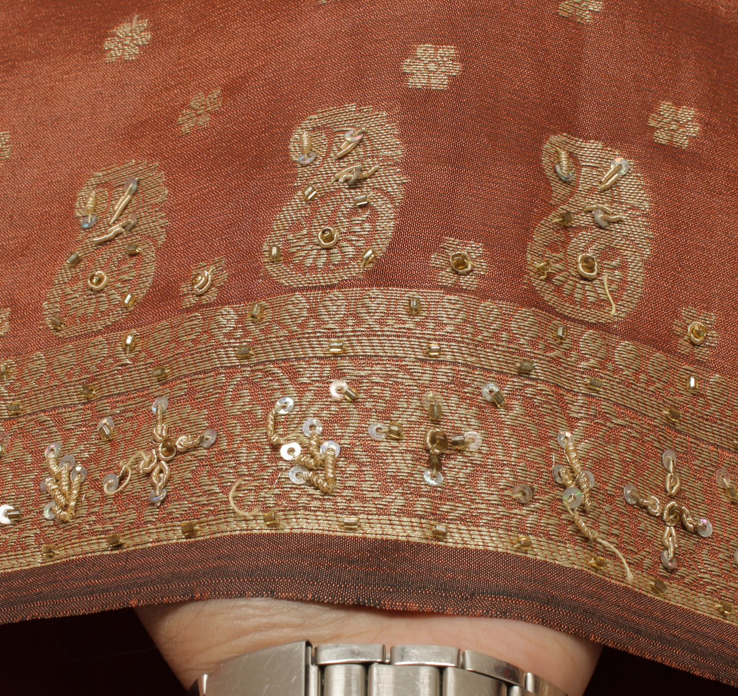 Sushila Vintage Brown Saree Blend Silk Hand Beaded & Woven Floral Sari Fabric