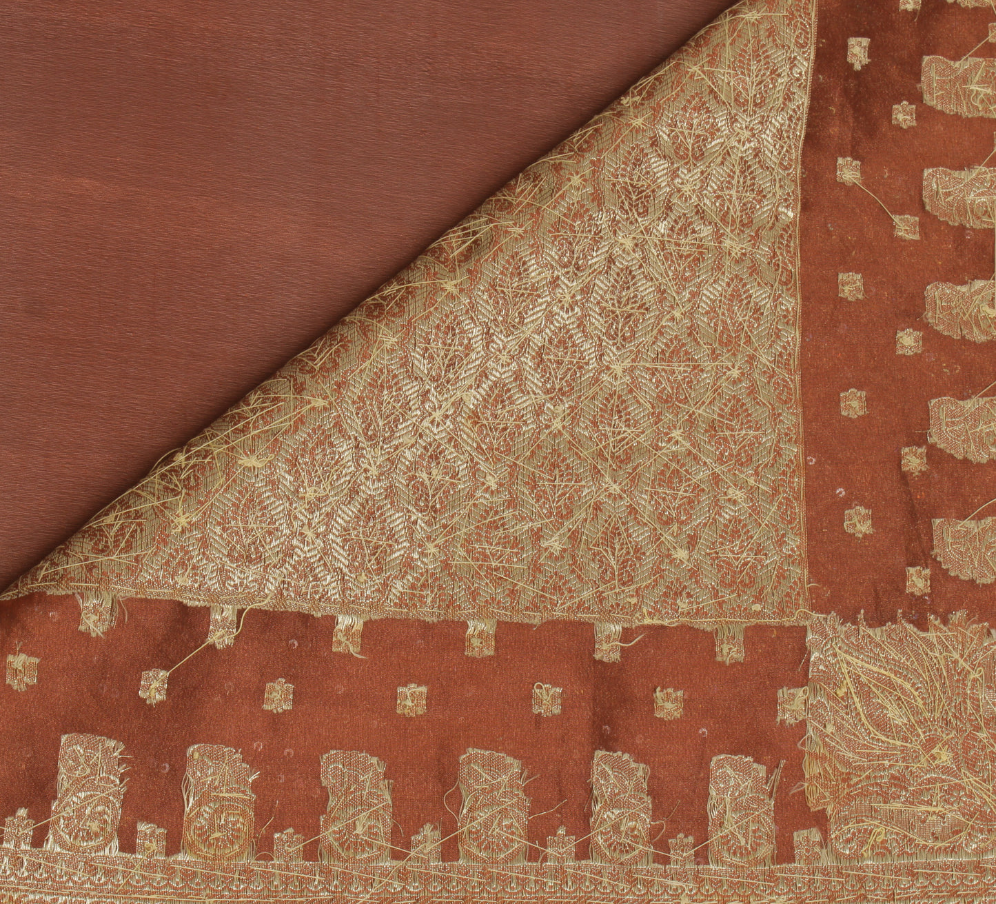 Sushila Vintage Brown Saree Blend Silk Hand Beaded & Woven Floral Sari Fabric