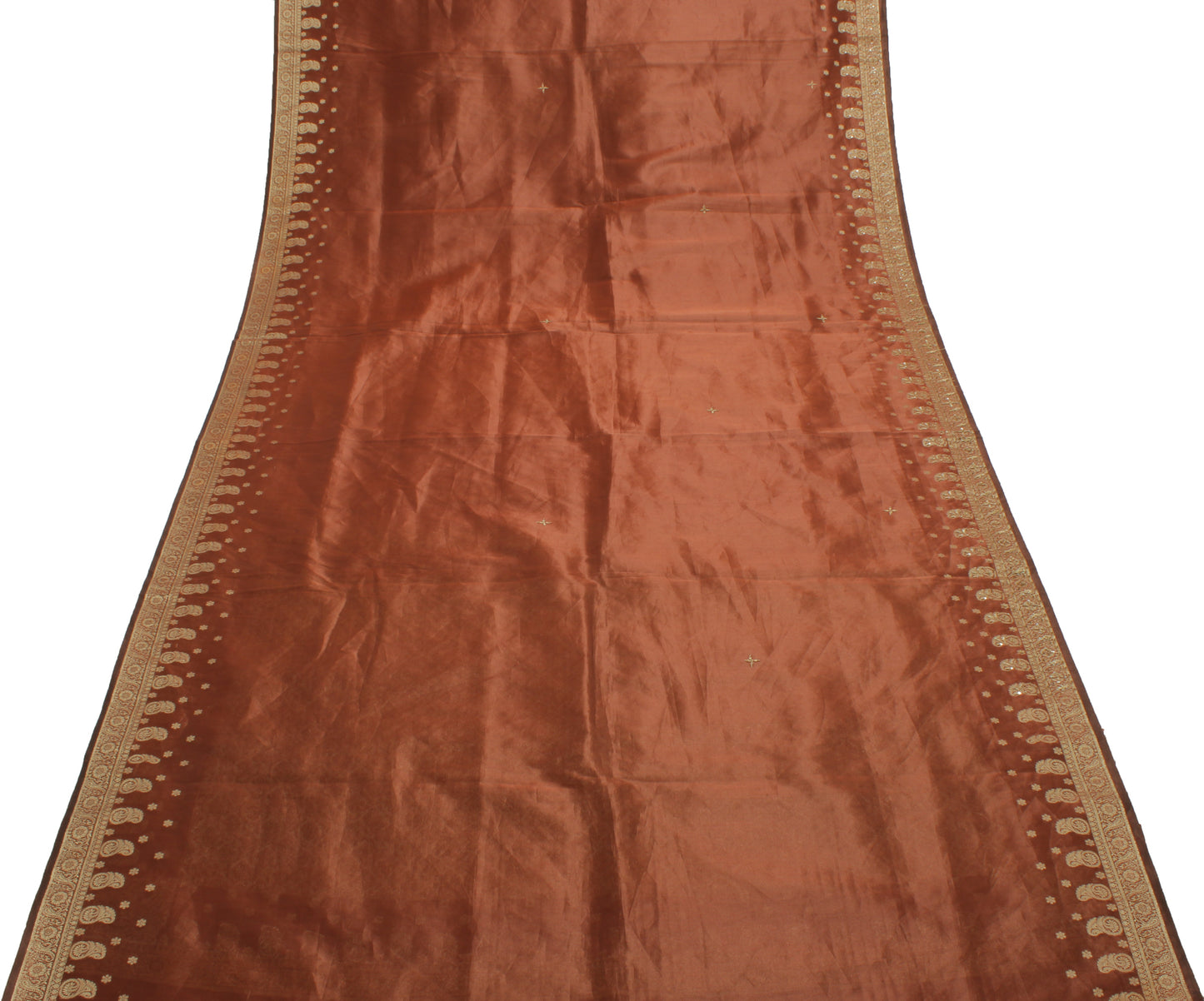 Sushila Vintage Brown Saree Blend Silk Hand Beaded & Woven Floral Sari Fabric