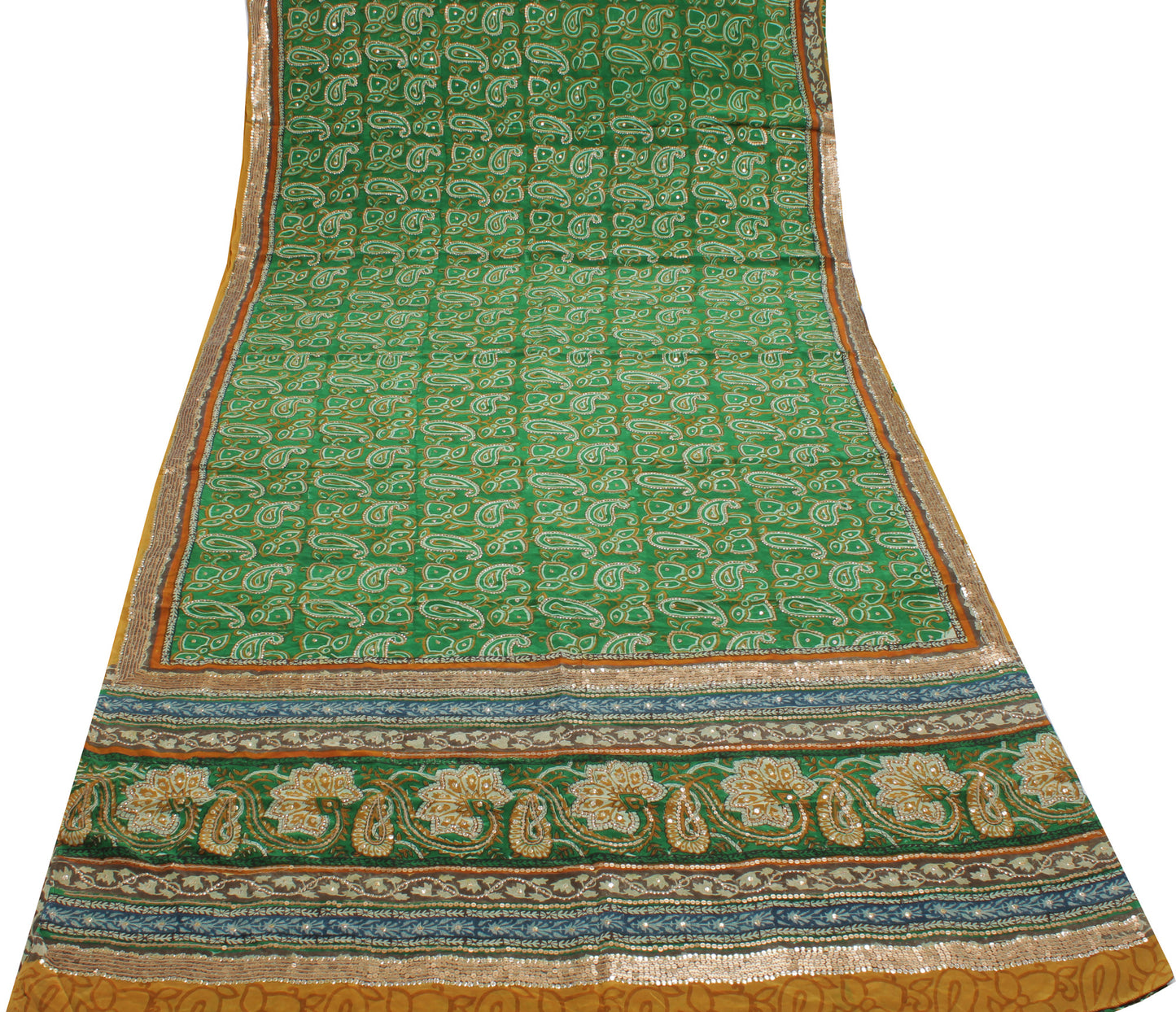 Sushila Vintage Green Saree Pure Crepe Silk Printed Paisley Sari Craft Fabric