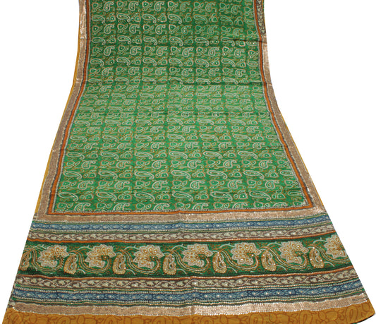 Sushila Vintage Green Saree Pure Crepe Silk Printed Paisley Sari Craft Fabric