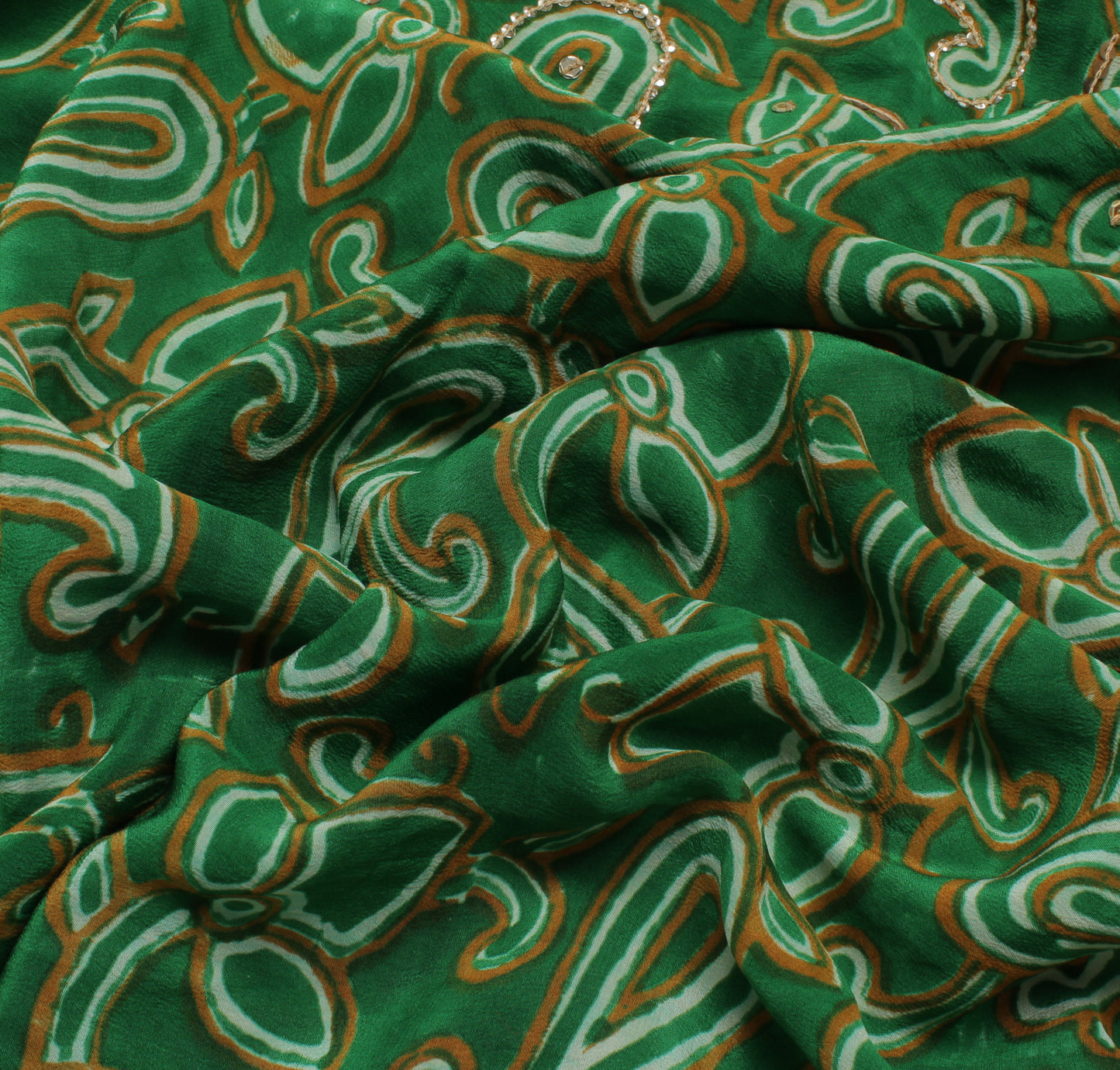 Sushila Vintage Green Saree Pure Crepe Silk Printed Paisley Sari Craft Fabric
