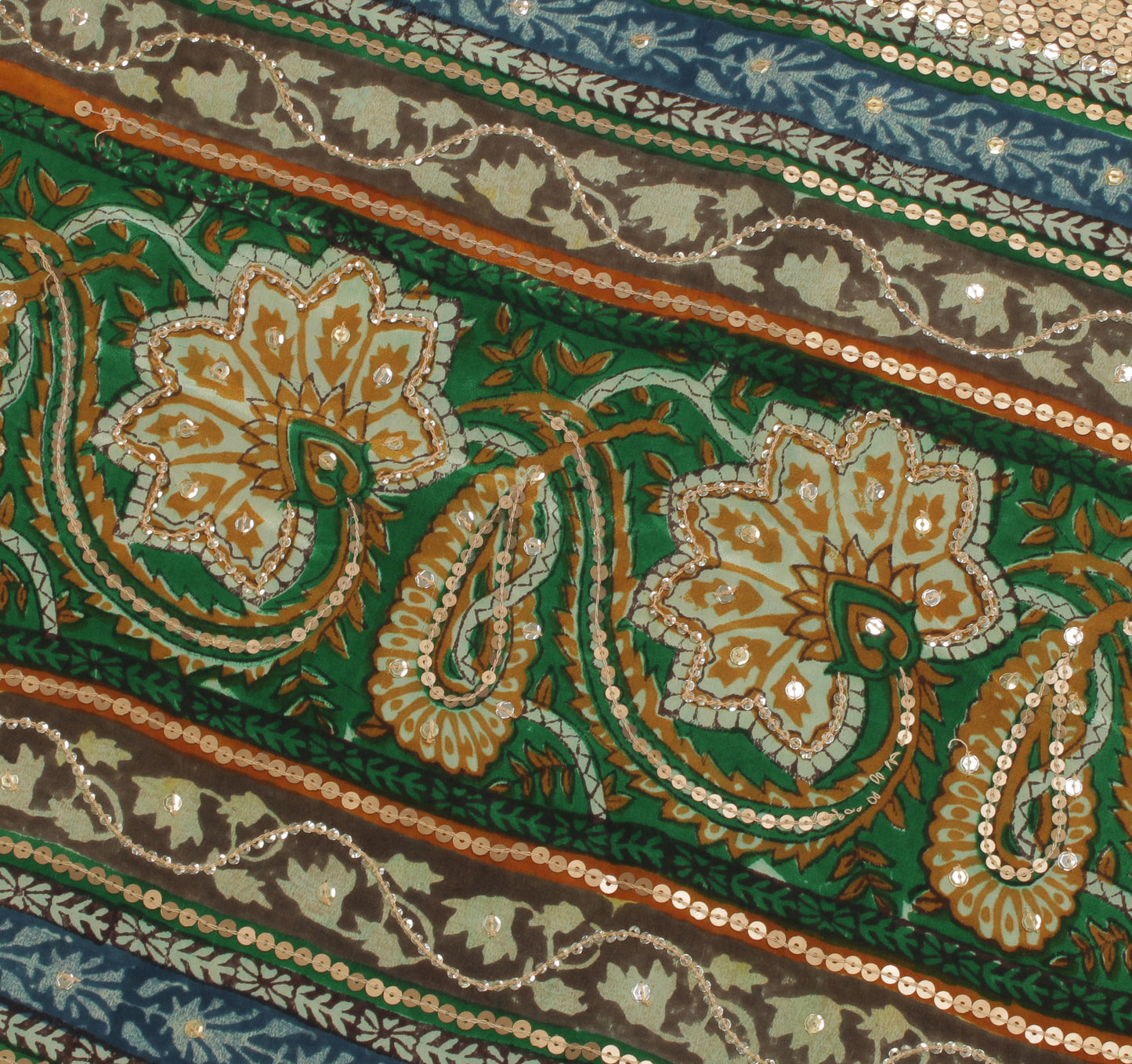 Sushila Vintage Green Saree Pure Crepe Silk Printed Paisley Sari Craft Fabric