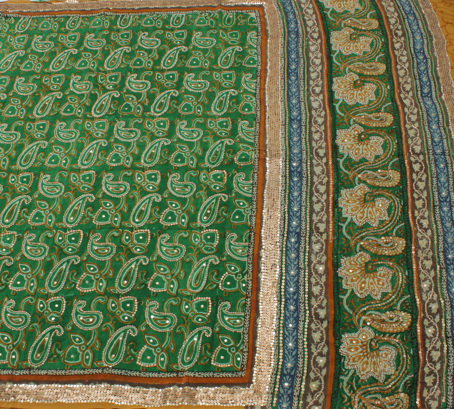 Sushila Vintage Green Saree Pure Crepe Silk Printed Paisley Sari Craft Fabric