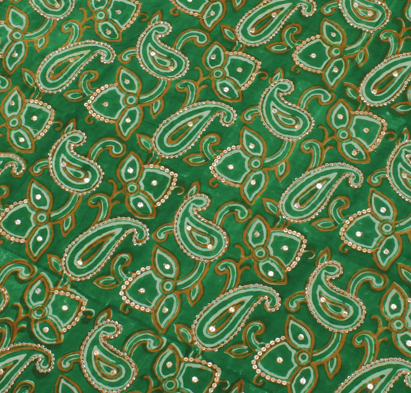 Sushila Vintage Green Saree Pure Crepe Silk Printed Paisley Sari Craft Fabric