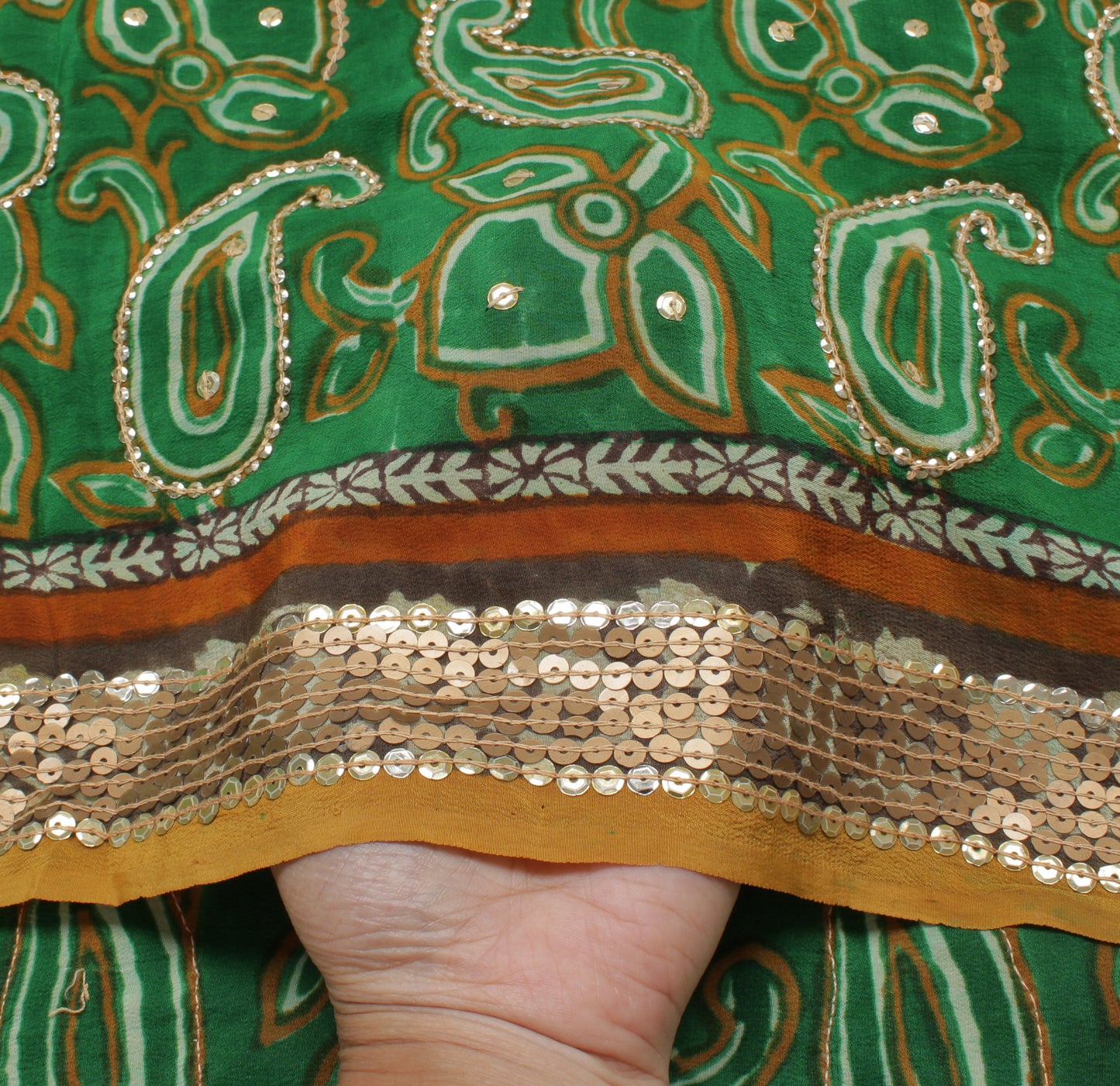 Sushila Vintage Green Saree Pure Crepe Silk Printed Paisley Sari Craft Fabric