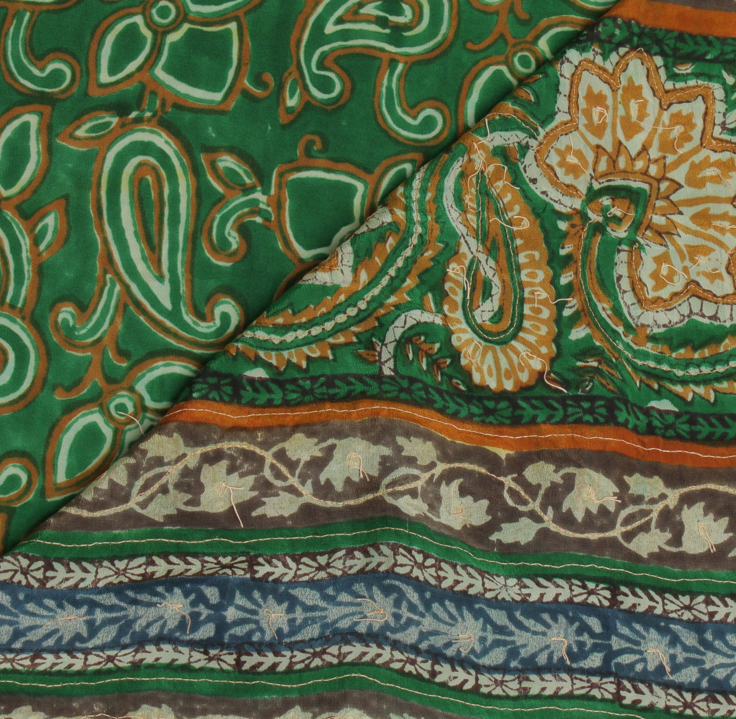 Sushila Vintage Green Saree Pure Crepe Silk Printed Paisley Sari Craft Fabric