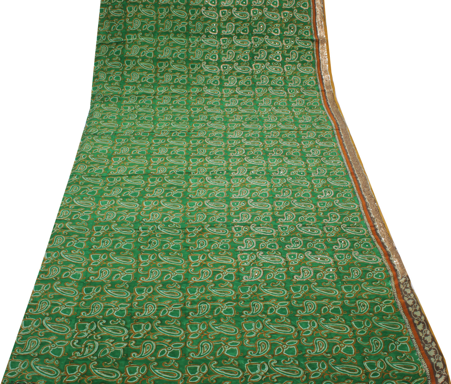 Sushila Vintage Green Saree Pure Crepe Silk Printed Paisley Sari Craft Fabric