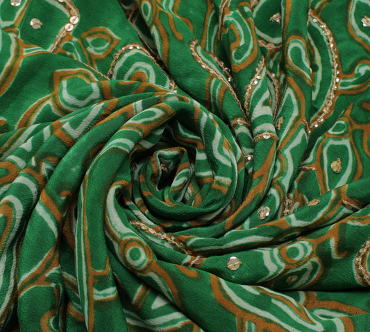 Sushila Vintage Green Saree Pure Crepe Silk Printed Paisley Sari Craft Fabric