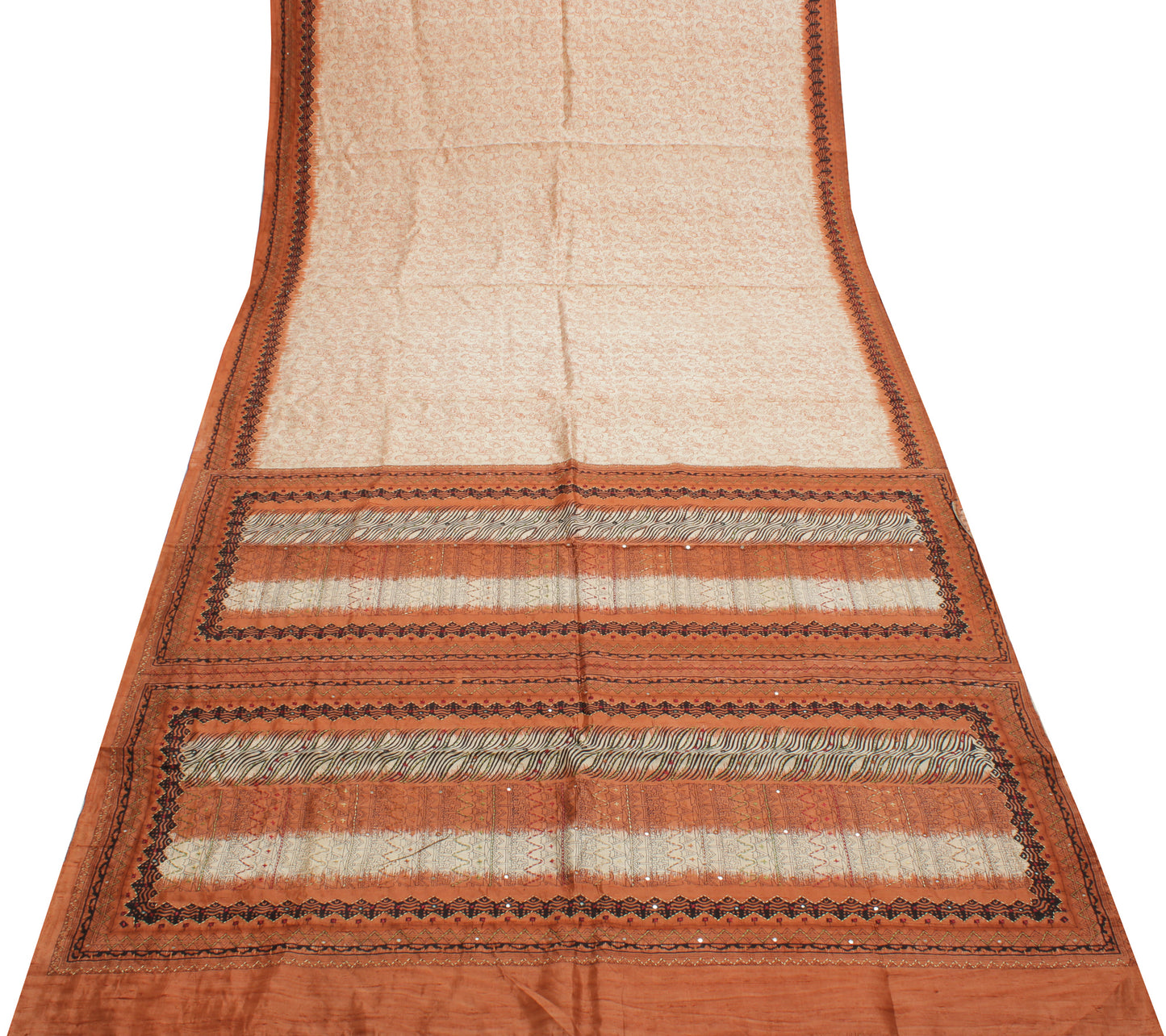 Sushila Vintage Cream Saree 100% Pure Silk Printed Floral Sari Craft 6 YD Fabric