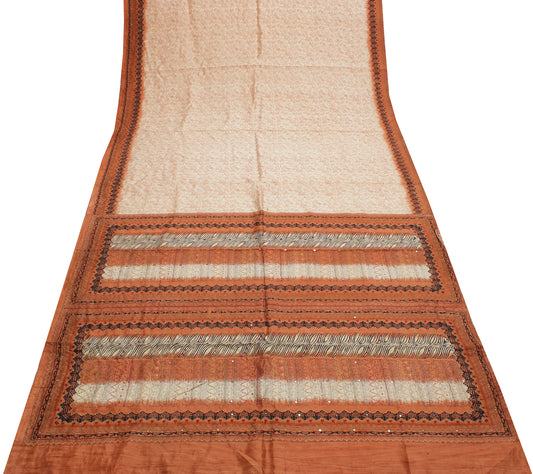 Sushila Vintage Cream Saree 100% Pure Silk Printed Floral Sari Craft 6 YD Fabric