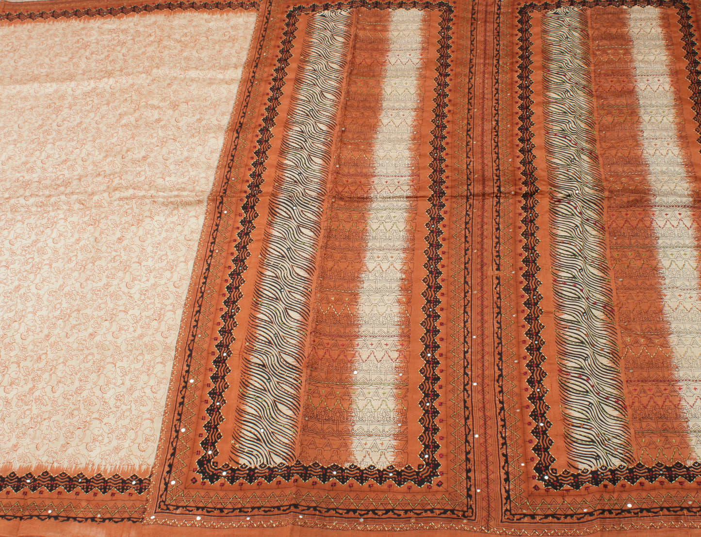 Sushila Vintage Cream Saree 100% Pure Silk Printed Floral Sari Craft 6 YD Fabric