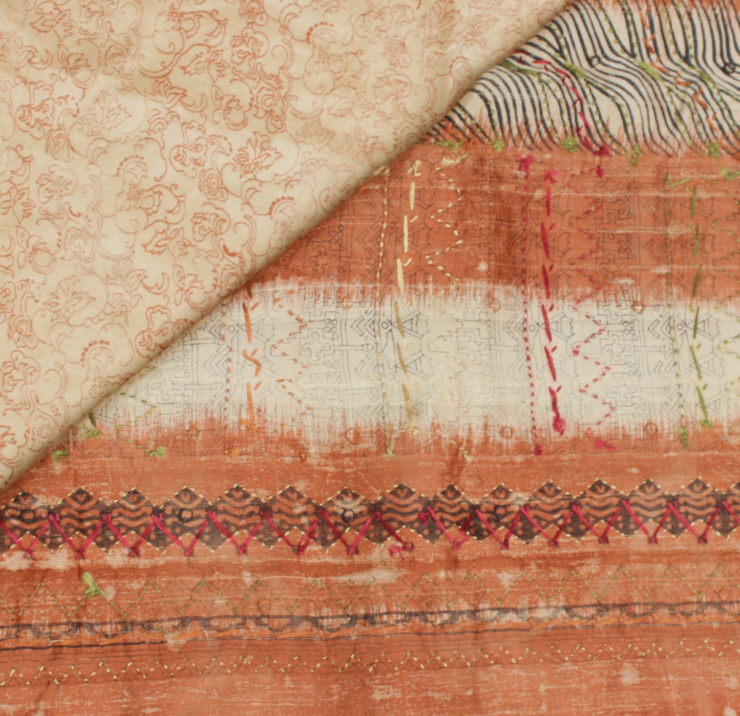 Sushila Vintage Cream Saree 100% Pure Silk Printed Floral Sari Craft 6 YD Fabric