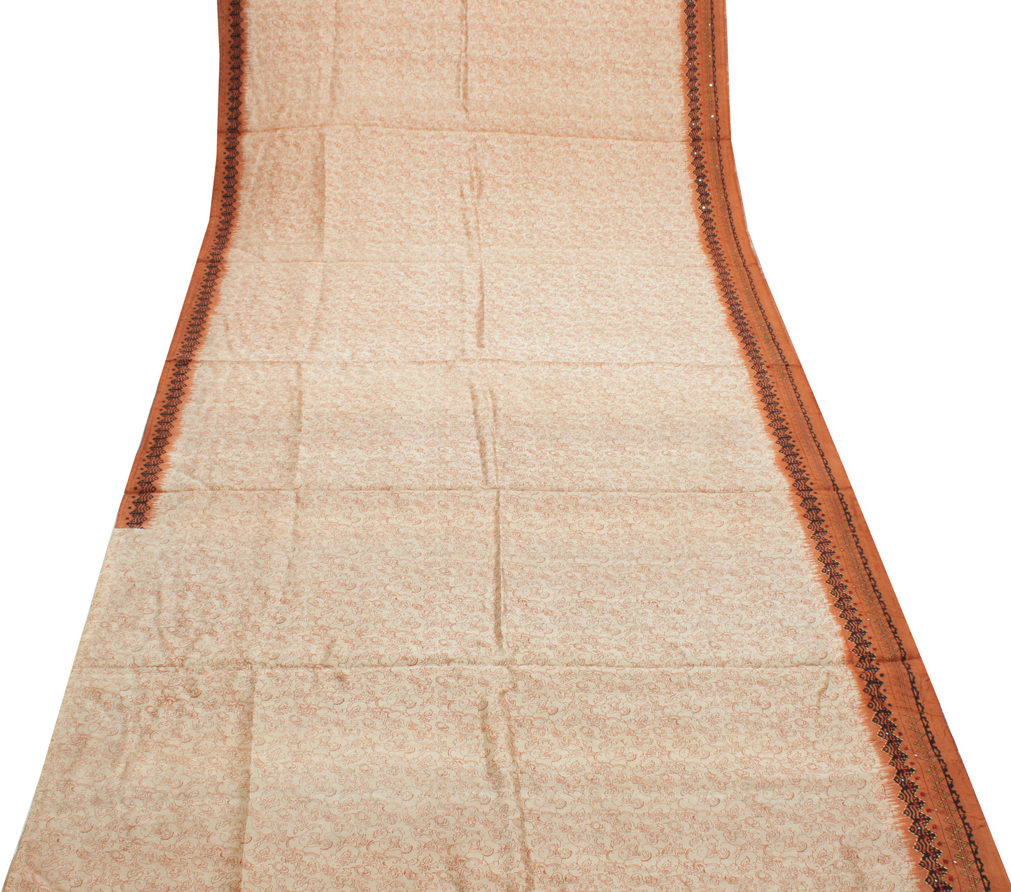 Sushila Vintage Cream Saree 100% Pure Silk Printed Floral Sari Craft 6 YD Fabric