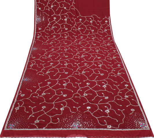 Sushila Vintage Red Saree Blend Georgette Silk Hand Beaded Floral Sari Fabric