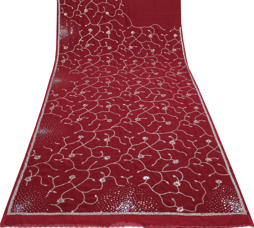 Sushila Vintage Red Saree Blend Georgette Silk Hand Beaded Floral Sari Fabric