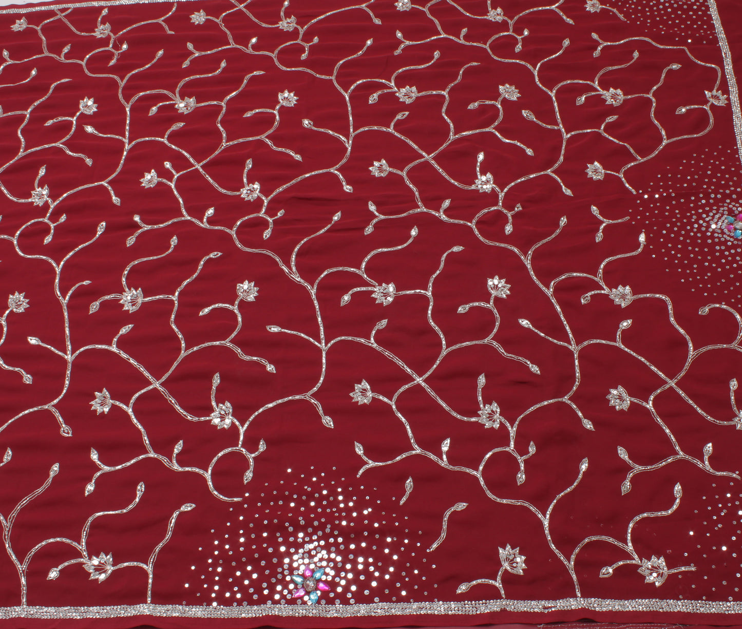 Sushila Vintage Red Saree Blend Georgette Silk Hand Beaded Floral Sari Fabric