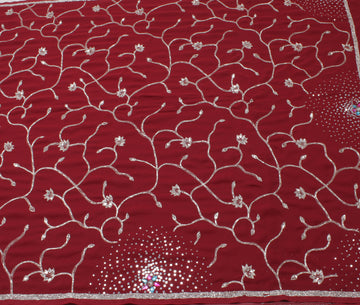 Sushila Vintage Red Saree Blend Georgette Silk Hand Beaded Floral Sari Fabric