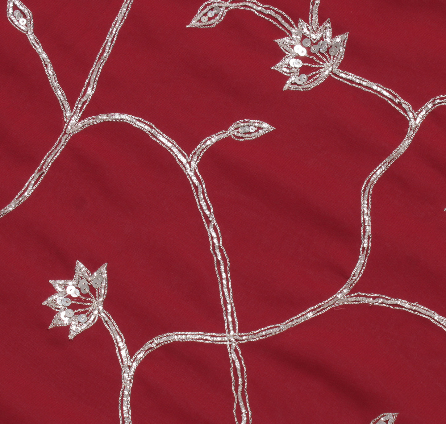 Sushila Vintage Red Saree Blend Georgette Silk Hand Beaded Floral Sari Fabric