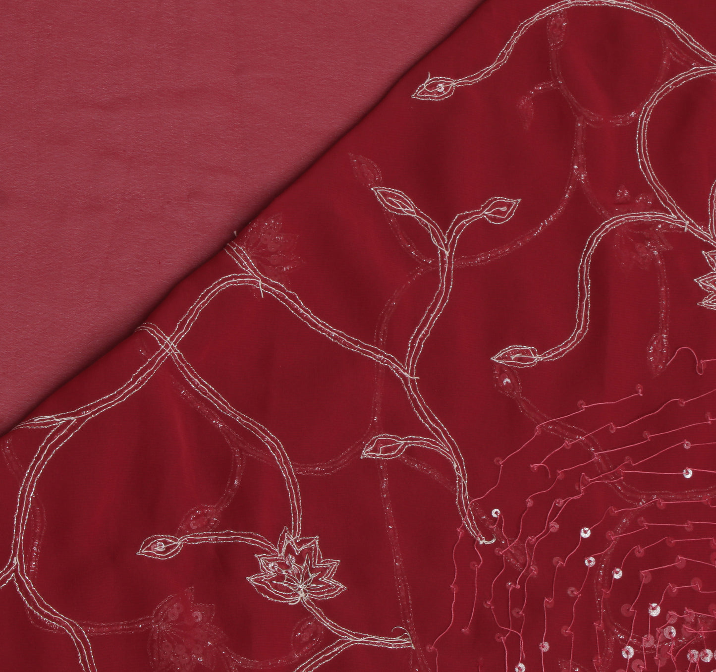 Sushila Vintage Red Saree Blend Georgette Silk Hand Beaded Floral Sari Fabric