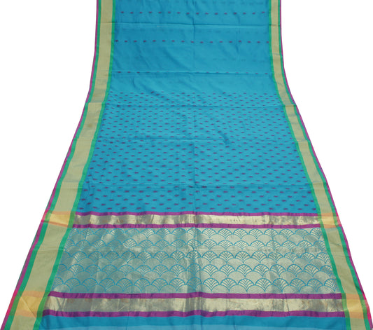 Sushila Vintage Blue Saree Blend Cotton Woven Paisley Sari Craft Decor Fabric