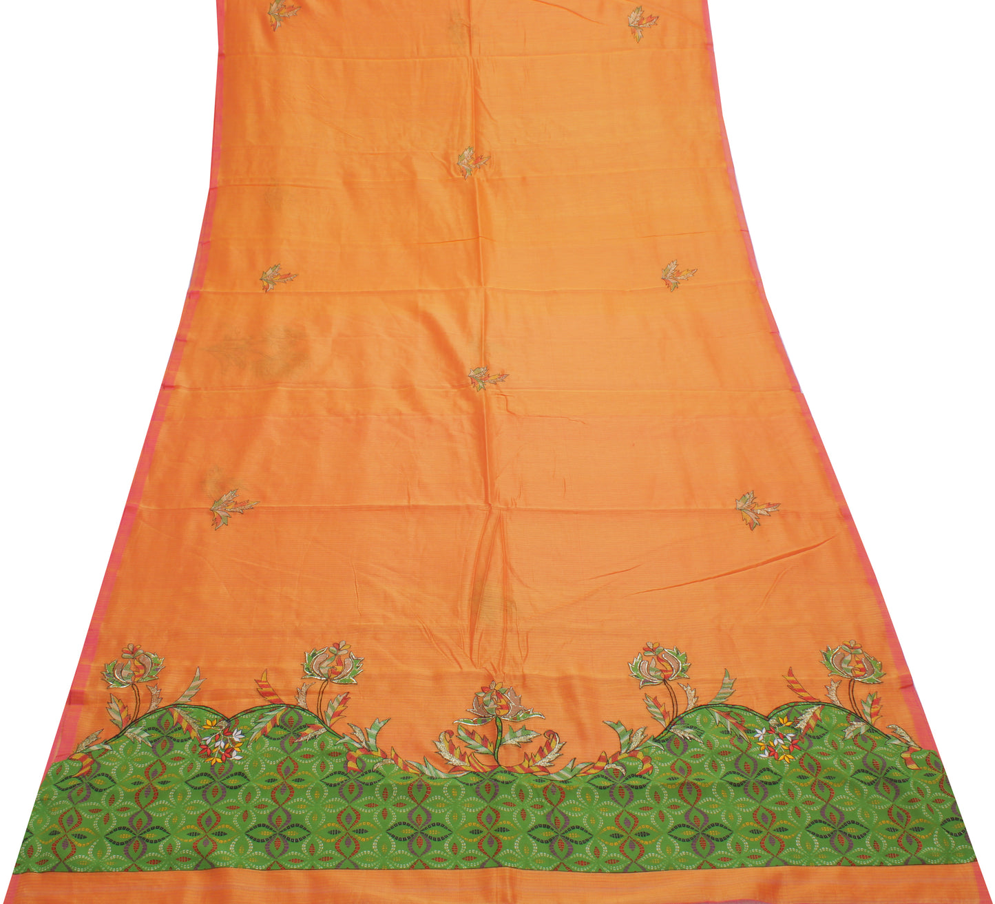 Sushila Vintage Orange Saree 100% Pure Cotton Embroidered Floral Sari Fabric