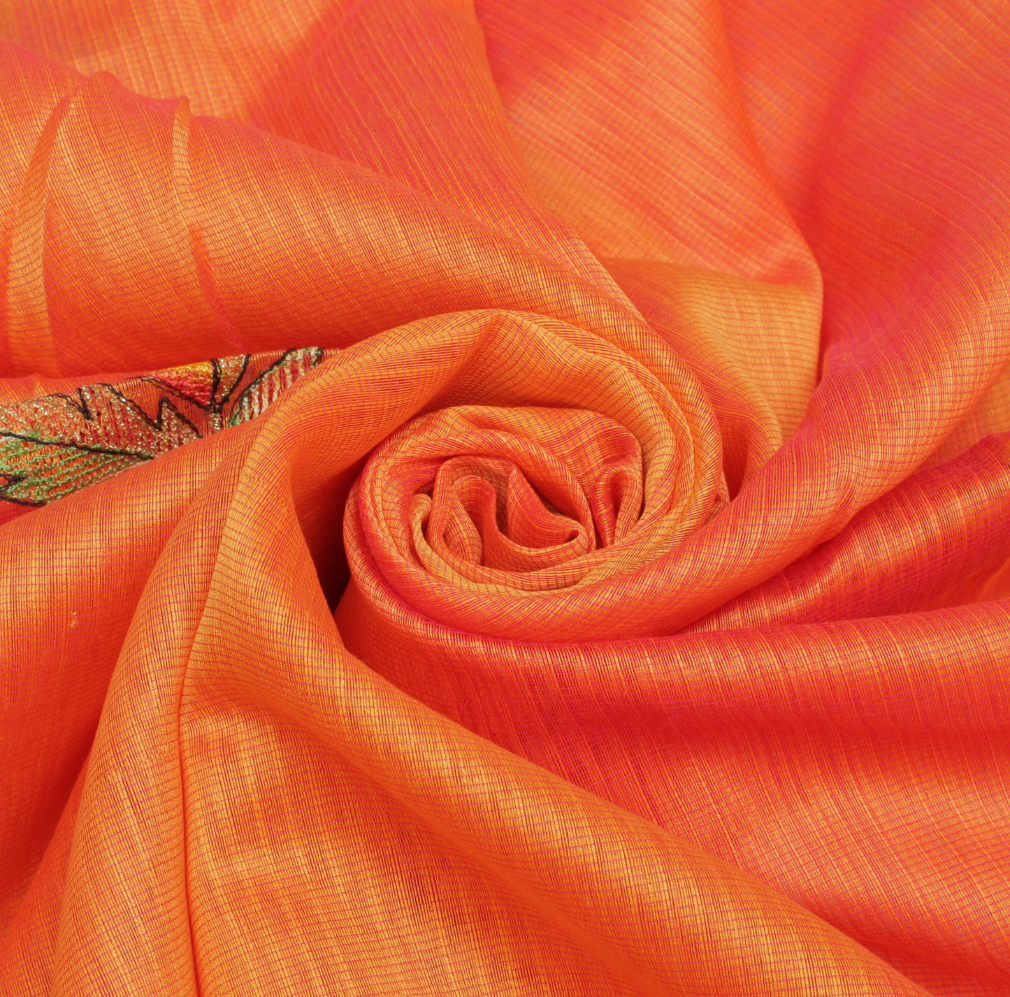Sushila Vintage Orange Saree 100% Pure Cotton Embroidered Floral Sari Fabric
