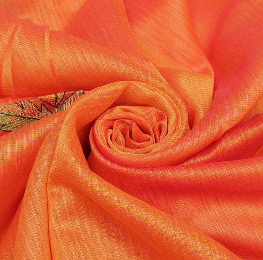 Sushila Vintage Orange Saree 100% Pure Cotton Embroidered Floral Sari Fabric