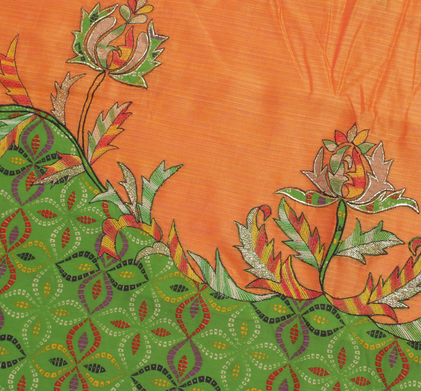Sushila Vintage Orange Saree 100% Pure Cotton Embroidered Floral Sari Fabric