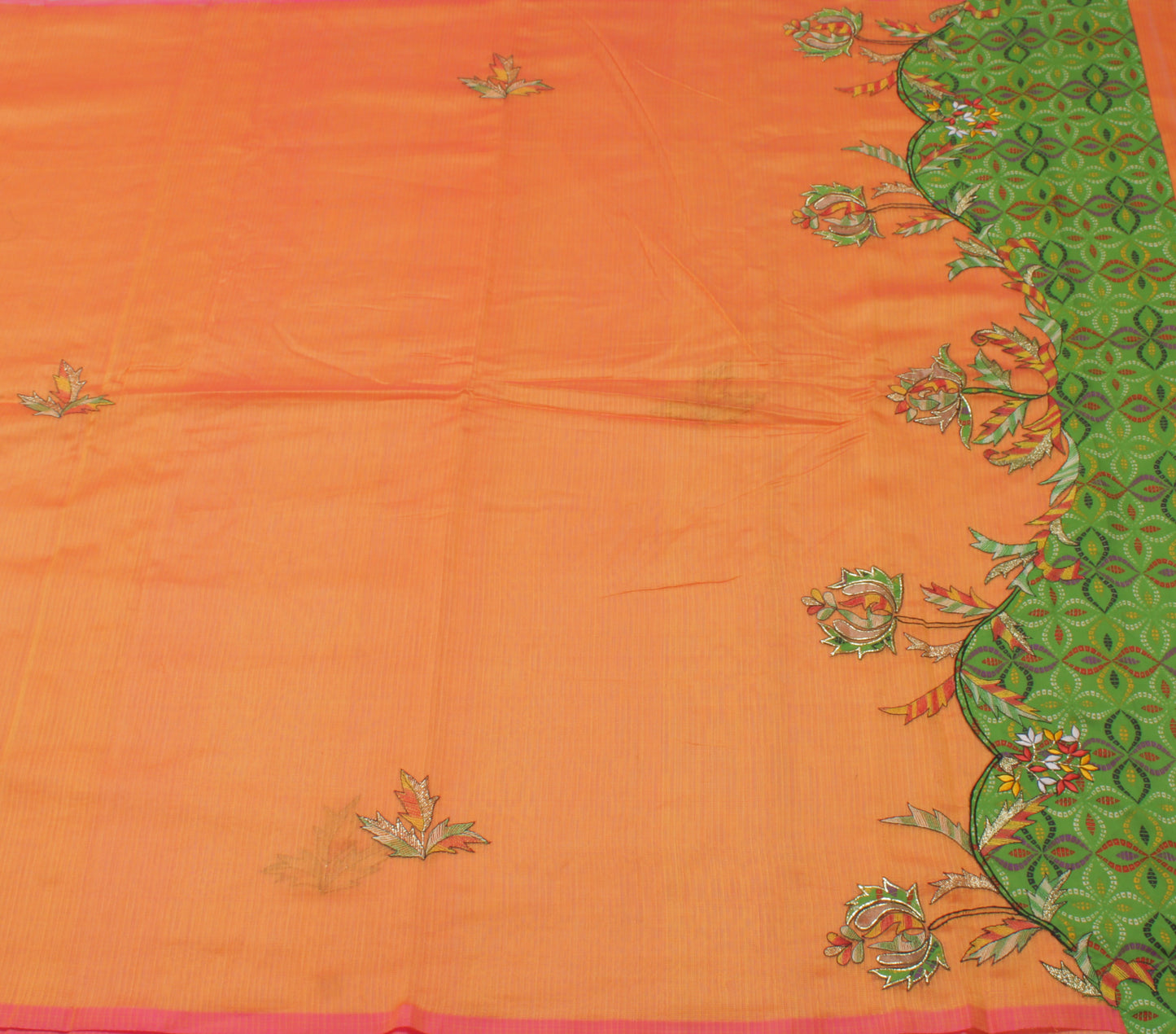 Sushila Vintage Orange Saree 100% Pure Cotton Embroidered Floral Sari Fabric
