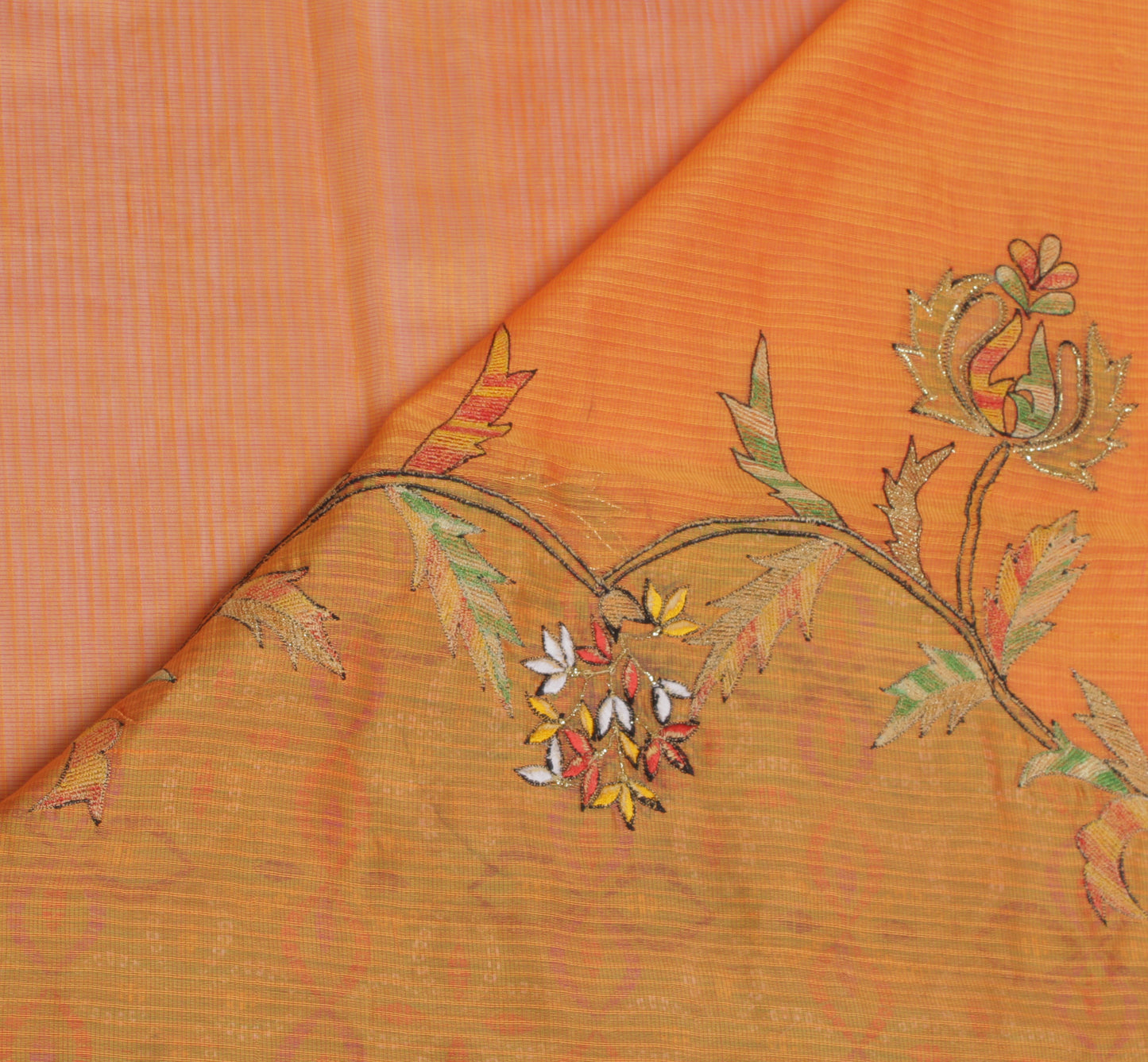 Sushila Vintage Orange Saree 100% Pure Cotton Embroidered Floral Sari Fabric