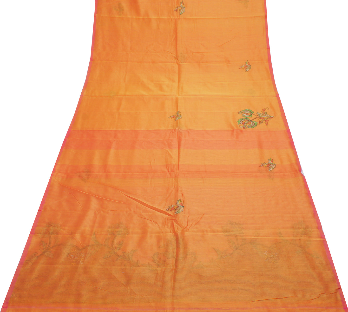 Sushila Vintage Orange Saree 100% Pure Cotton Embroidered Floral Sari Fabric