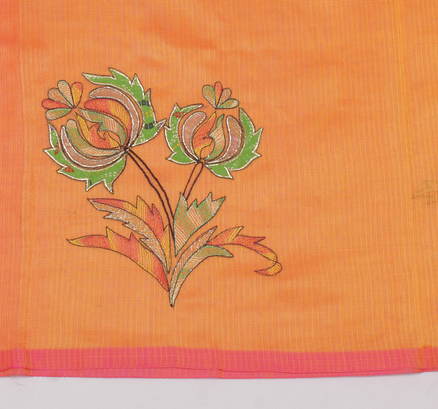 Sushila Vintage Orange Saree 100% Pure Cotton Embroidered Floral Sari Fabric