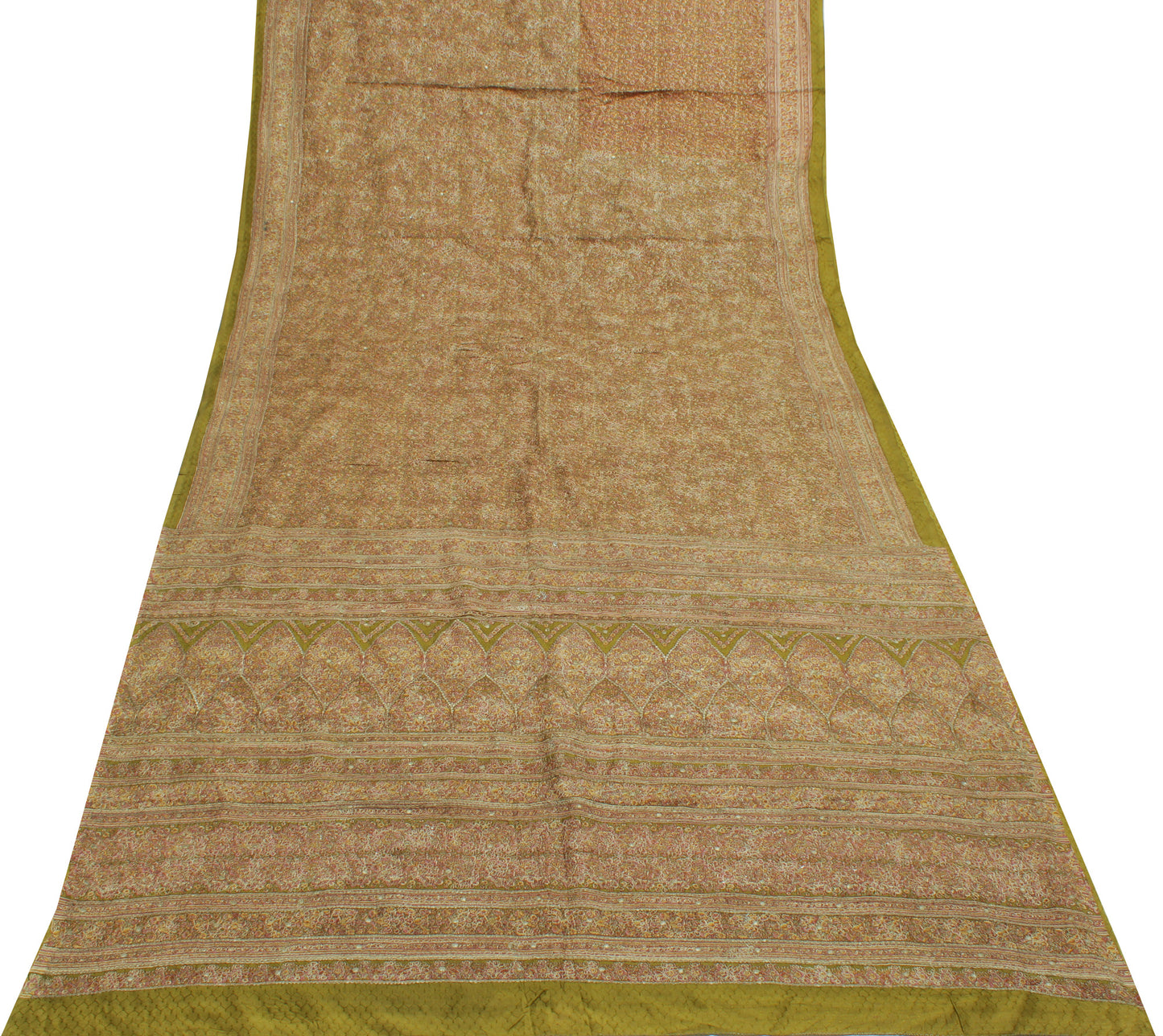 Sushila Vintage Green Saree 100% Pure Silk Printed Floral Sari Craft 5 YD Fabric