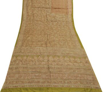 Sushila Vintage Green Saree 100% Pure Silk Printed Floral Sari Craft 5 YD Fabric
