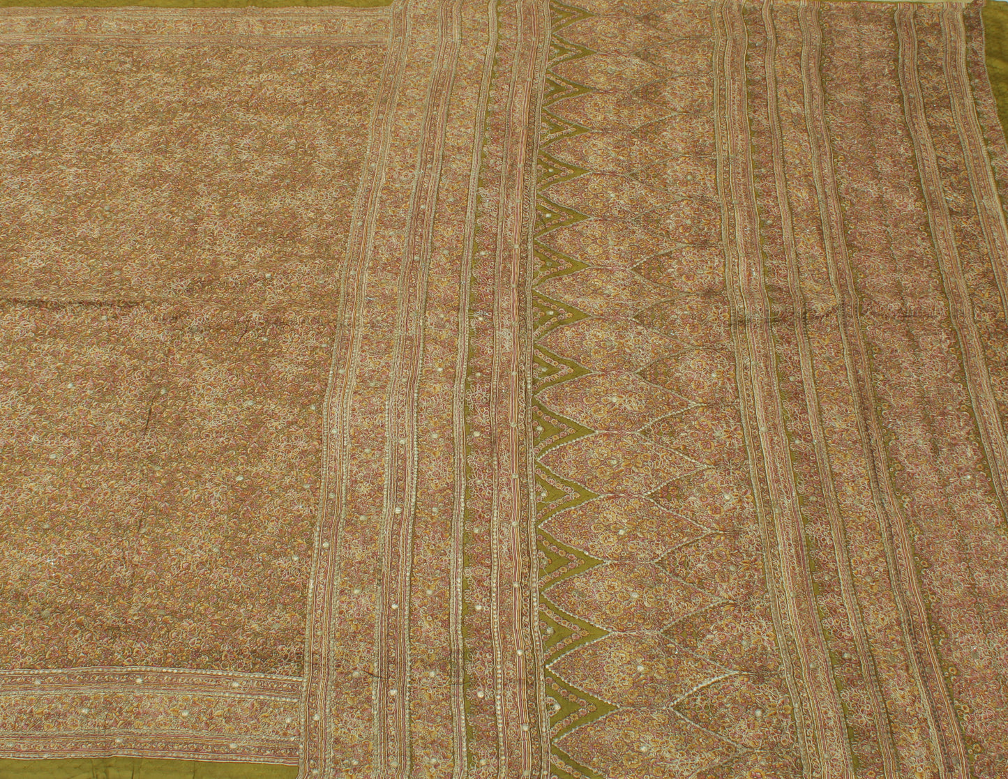 Sushila Vintage Green Saree 100% Pure Silk Printed Floral Sari Craft 5 YD Fabric