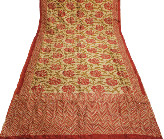 Sushila Vintage Cream Saree 100% Pure Silk Printed Floral Sari Craft 6 YD Fabric