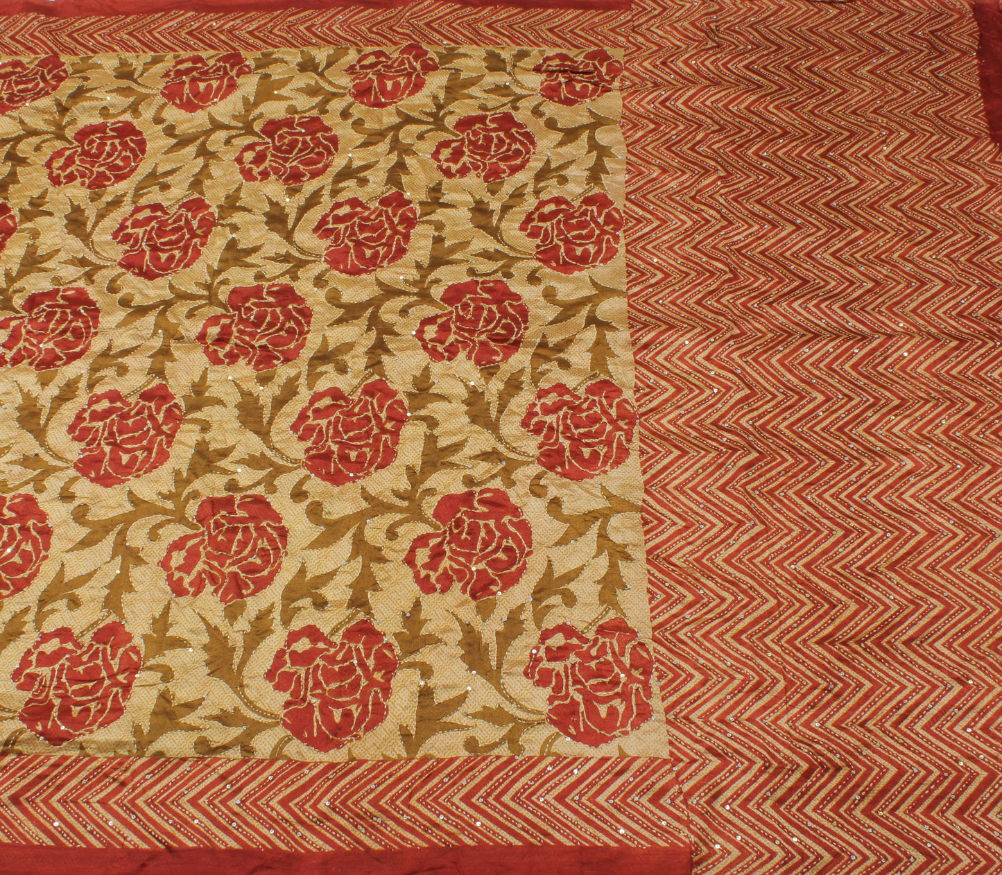 Sushila Vintage Cream Saree 100% Pure Silk Printed Floral Sari Craft 6 YD Fabric