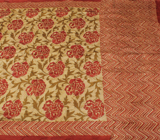 Sushila Vintage Cream Saree 100% Pure Silk Printed Floral Sari Craft 6 YD Fabric