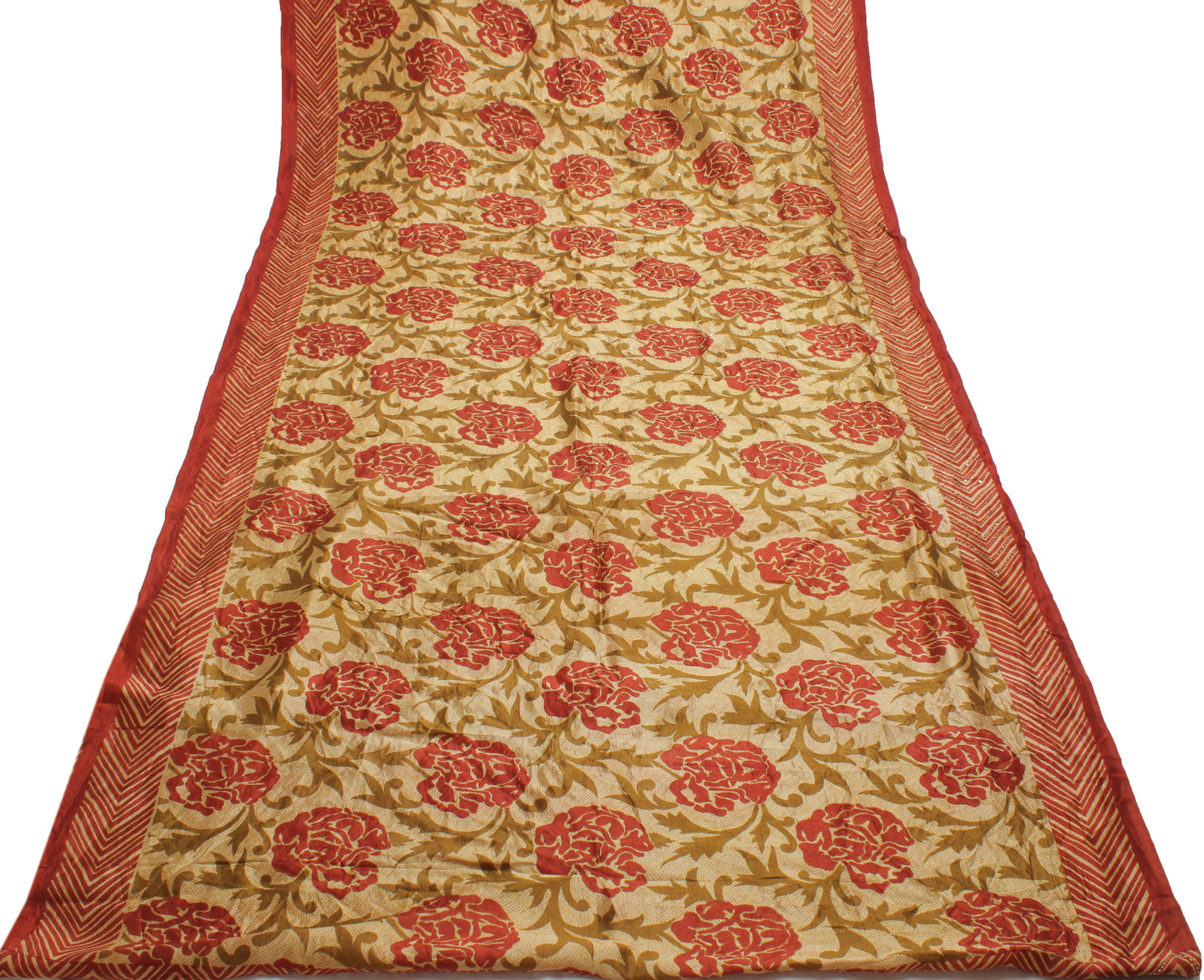 Sushila Vintage Cream Saree 100% Pure Silk Printed Floral Sari Craft 6 YD Fabric